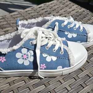 Blue and White Floral High-Top Sneakers